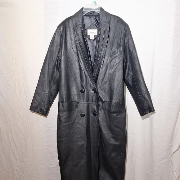 Vintage Black Leather Coat, Long Double Breasted, Worthington, Sz 4 NWOT - Picture 10 of 12